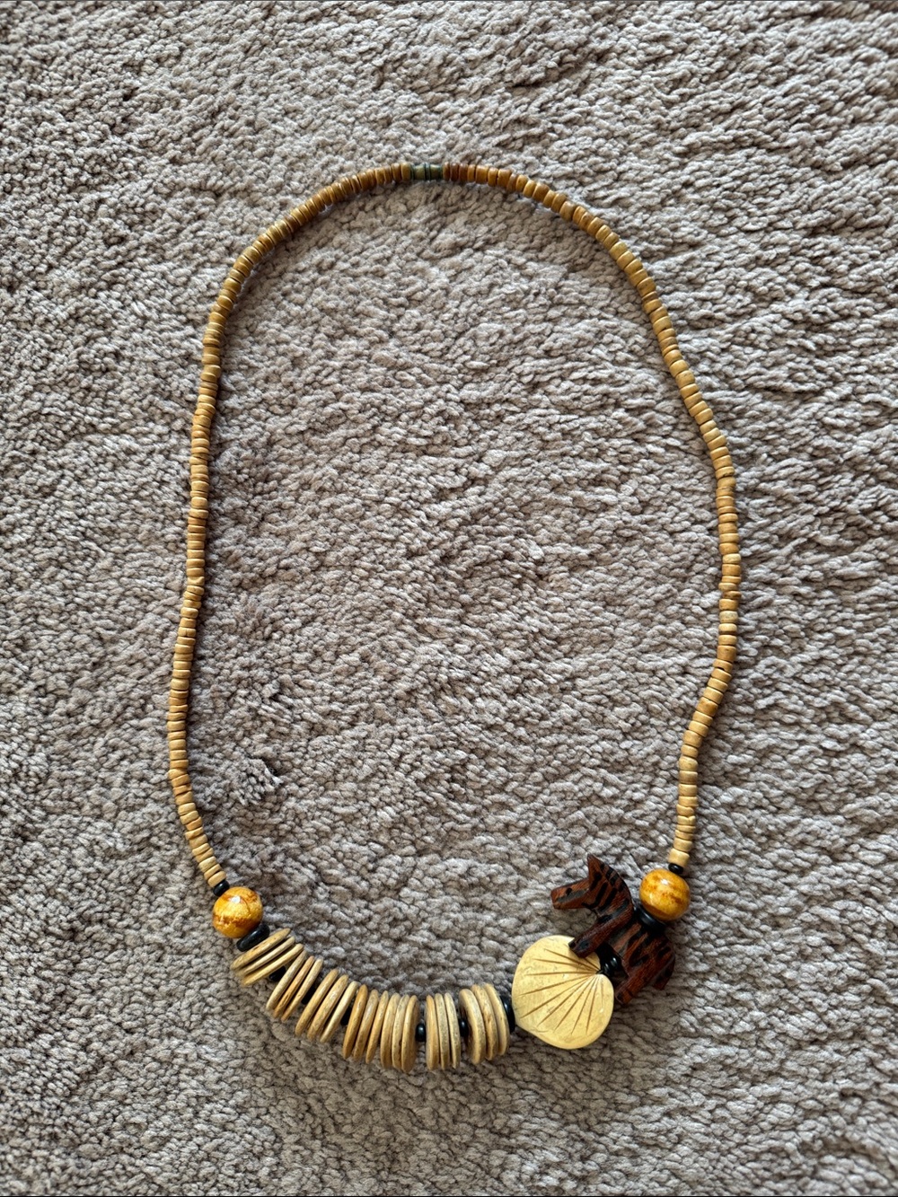 Handmade African-Style Wood Nut Necklace with Wood Beads & Carved Zebra & Heart